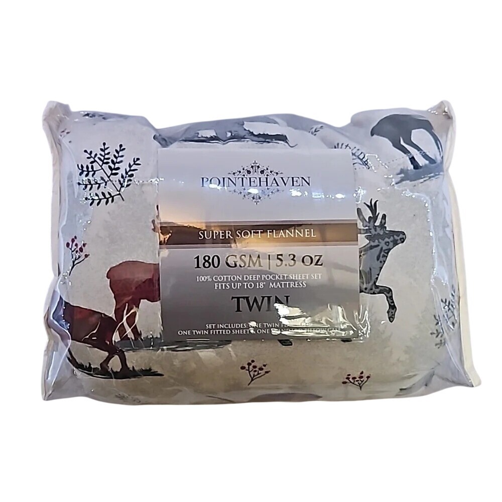 Pointehaven Twin Flannel Sheet Set Northwoods Deer Bear 100% Cotton 180 GSM EUC
